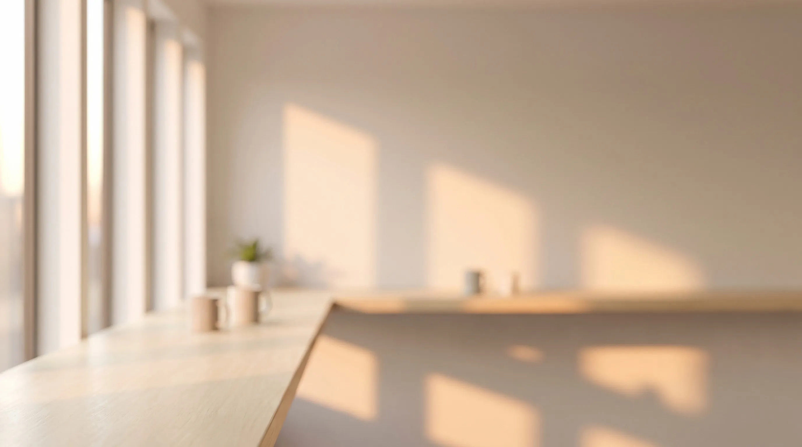 A calm, sunlit office counter, softly out of focus